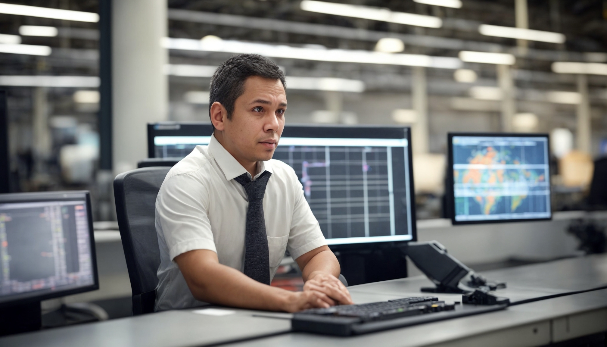 Logistics operations manager using advanced distribution technology dashboard at a modern cargo facility