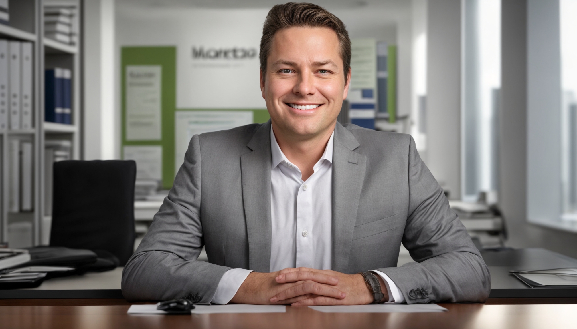 Professional businessperson behind desk representing optimized logistics and cargo sites