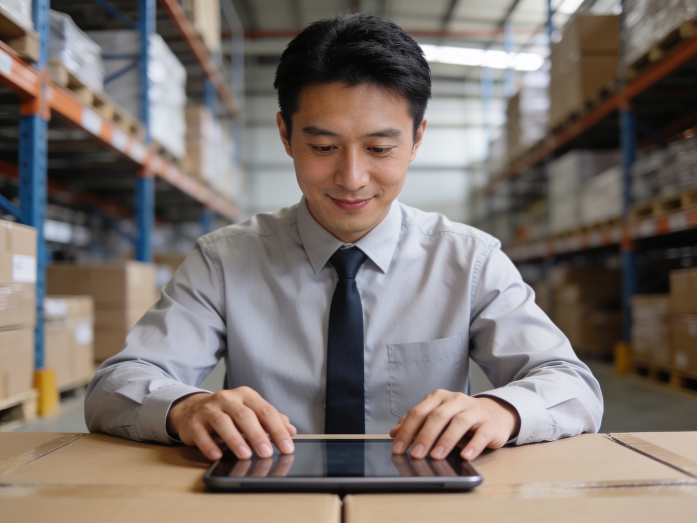 Logistics manager using digital tablet in warehouse