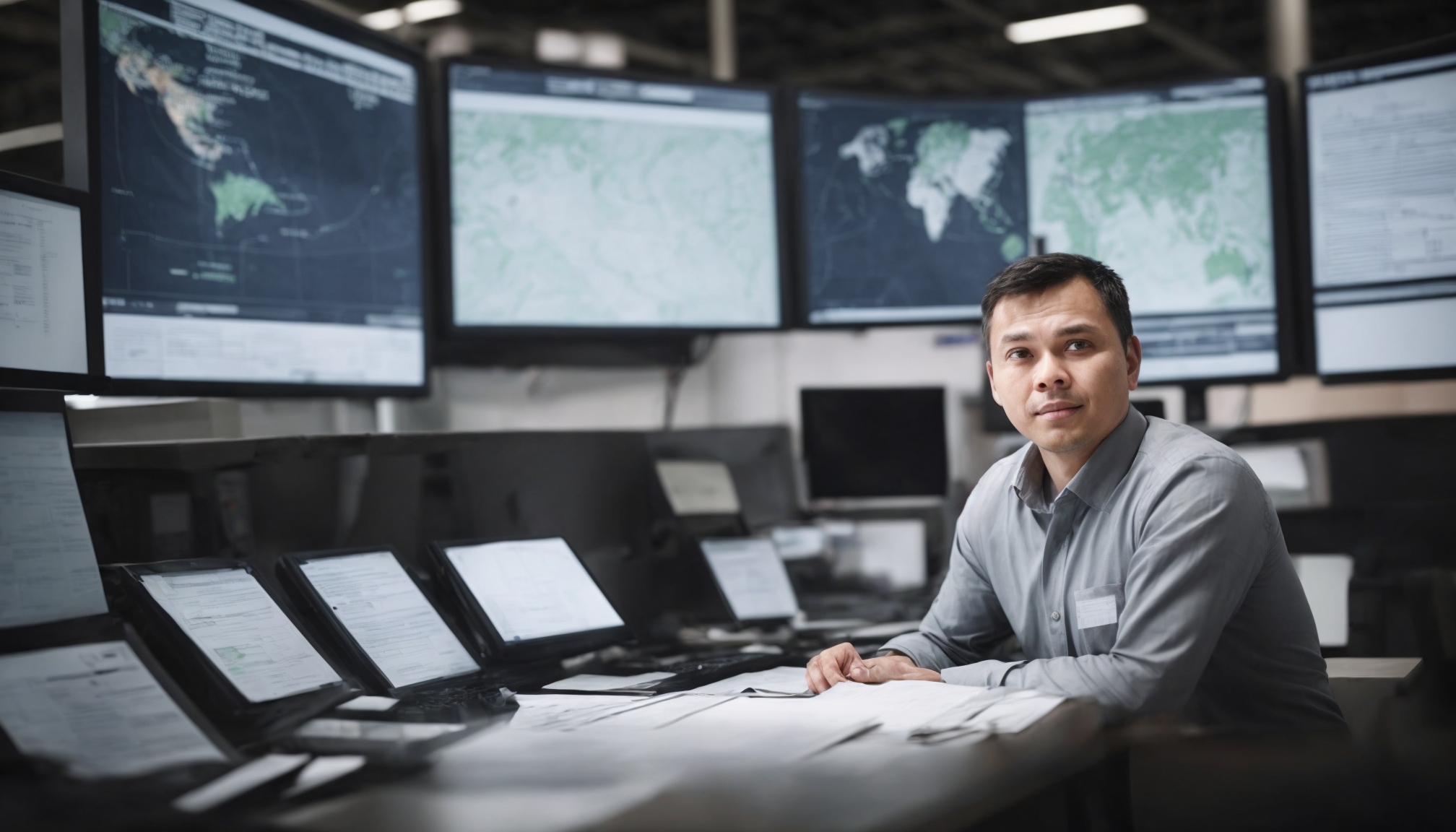 Logistics manager reviewing global cargo delivery network optimization dashboard in freight operations center