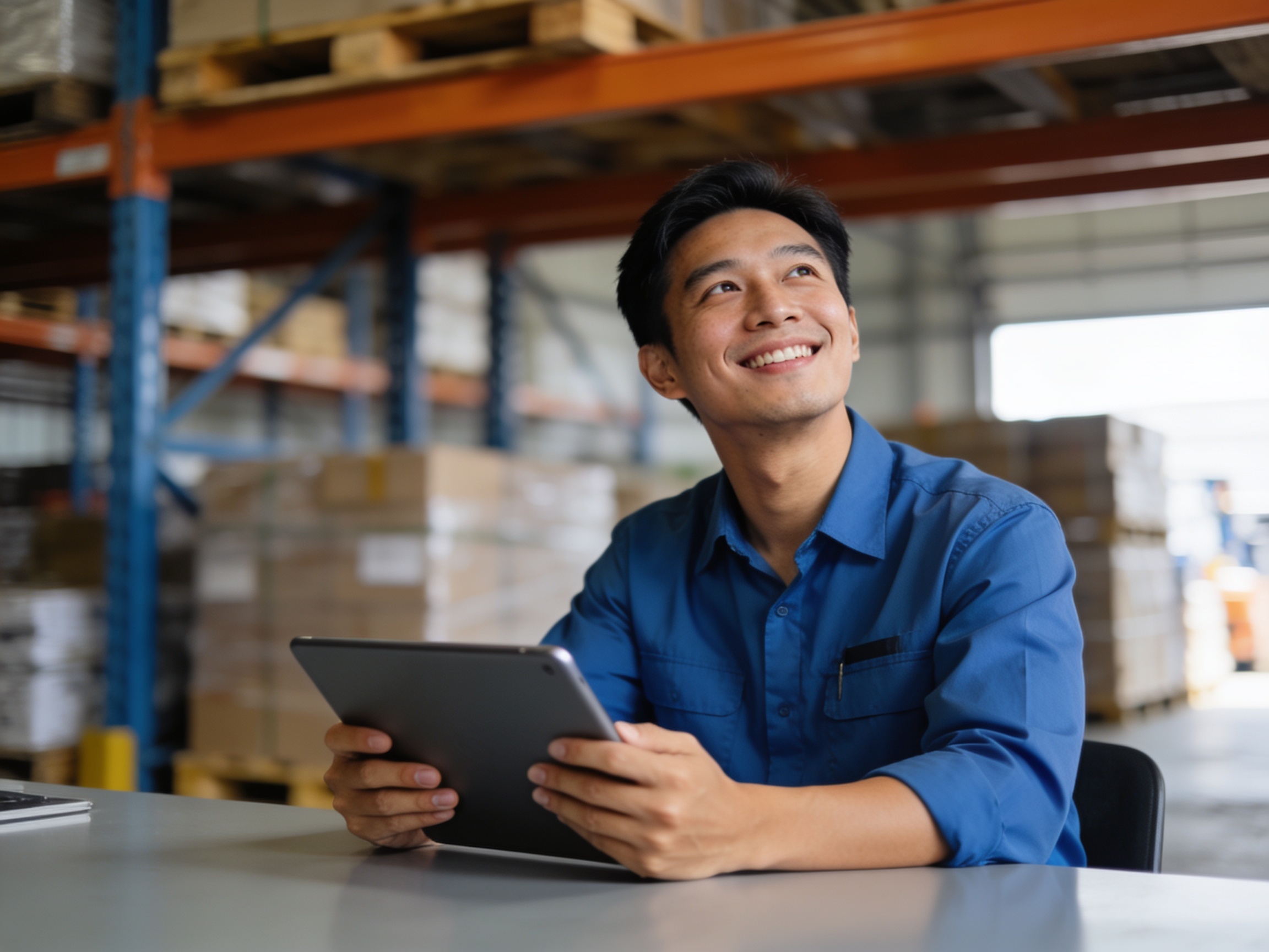 Logistics manager using digital tablet for cross border cargo solutions in modern warehouse