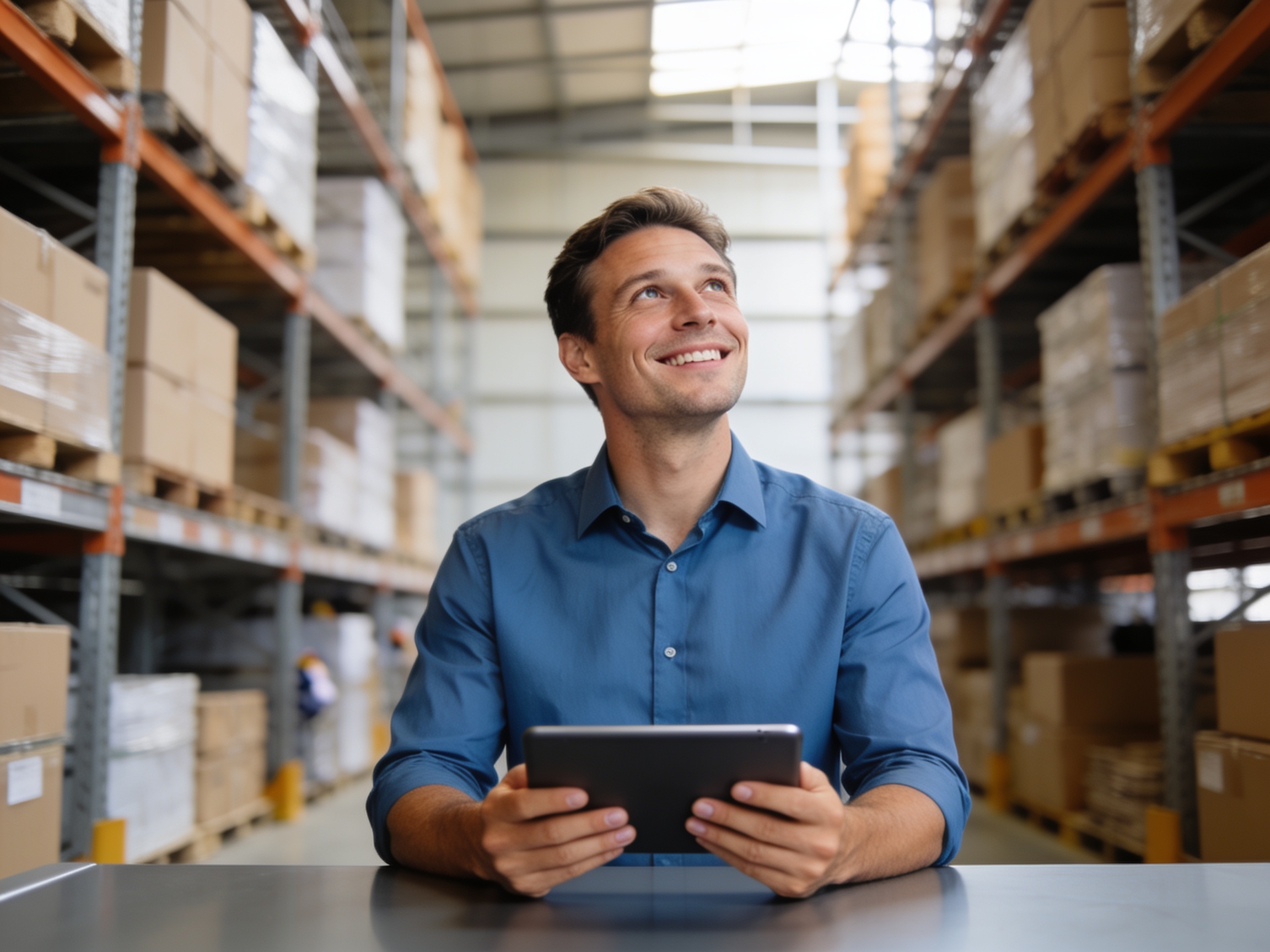 A logistics manager checks digital logistics cargo efficiency on a tablet in a modern warehouse.