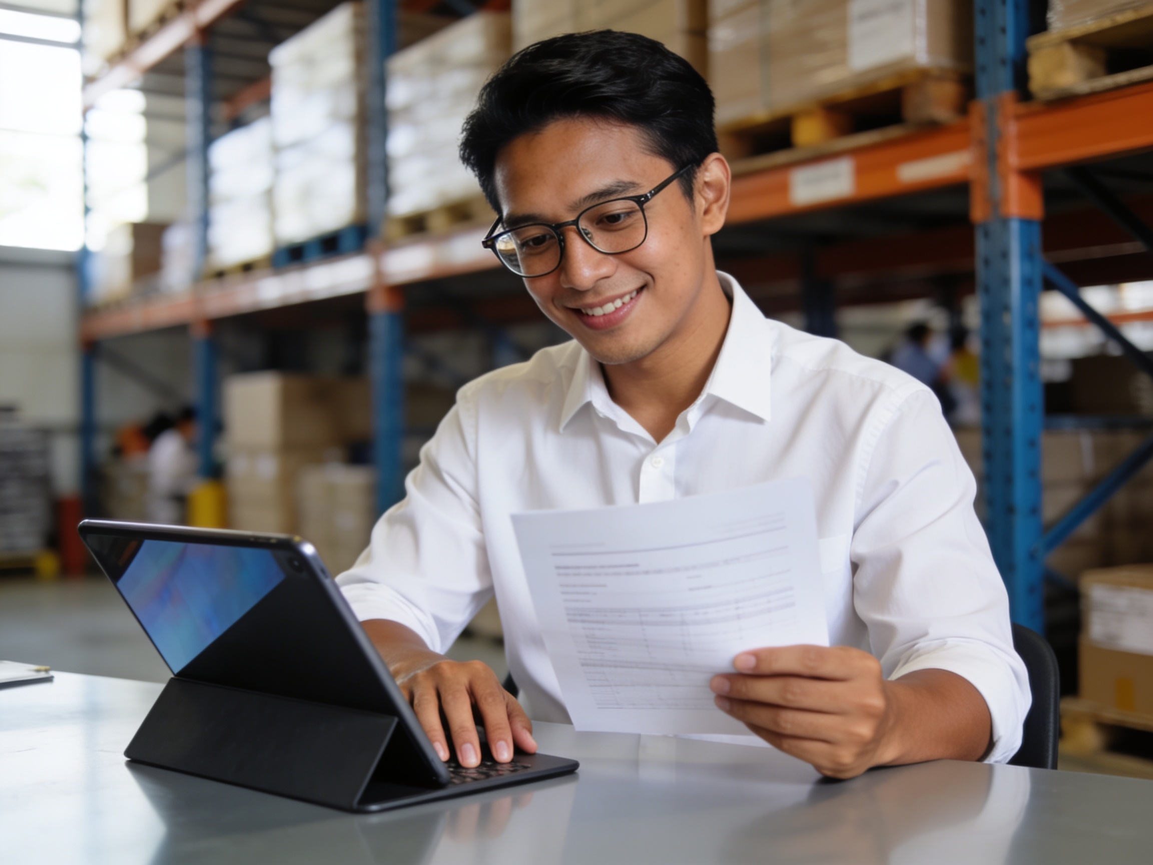 Logistics manager using smart freight management technology in a warehouse