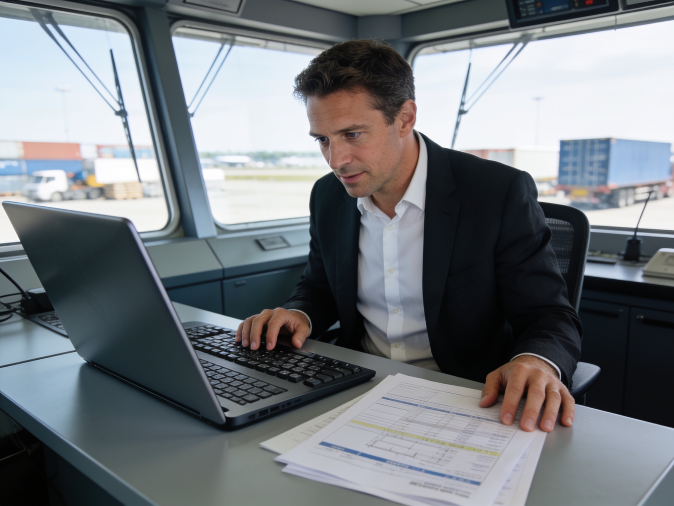 Operations manager reviewing logistics data to improve digital cargo delivery efficiency