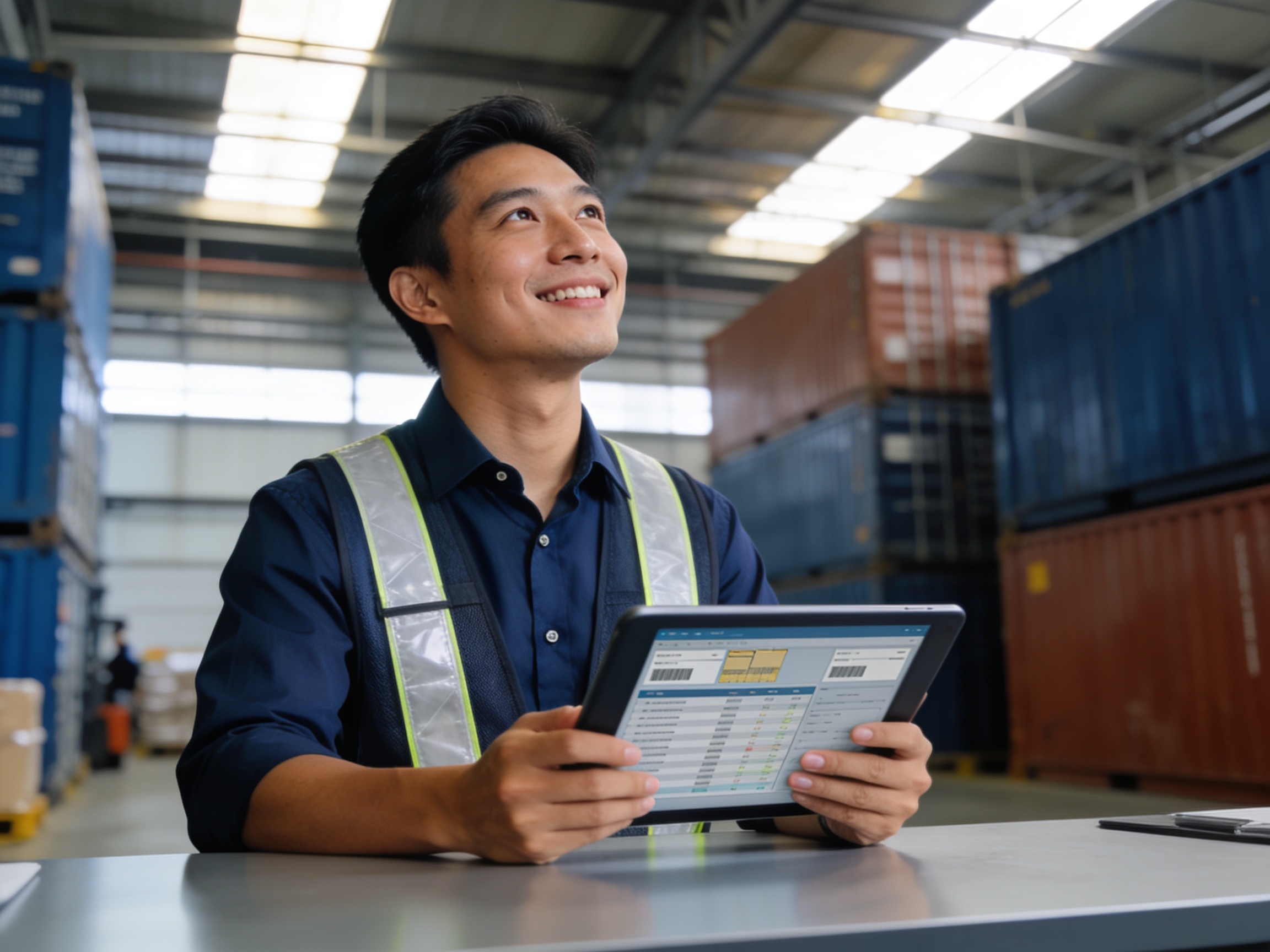 Logistics manager checking shipment data on tablet for modern logistics efficiency technology.