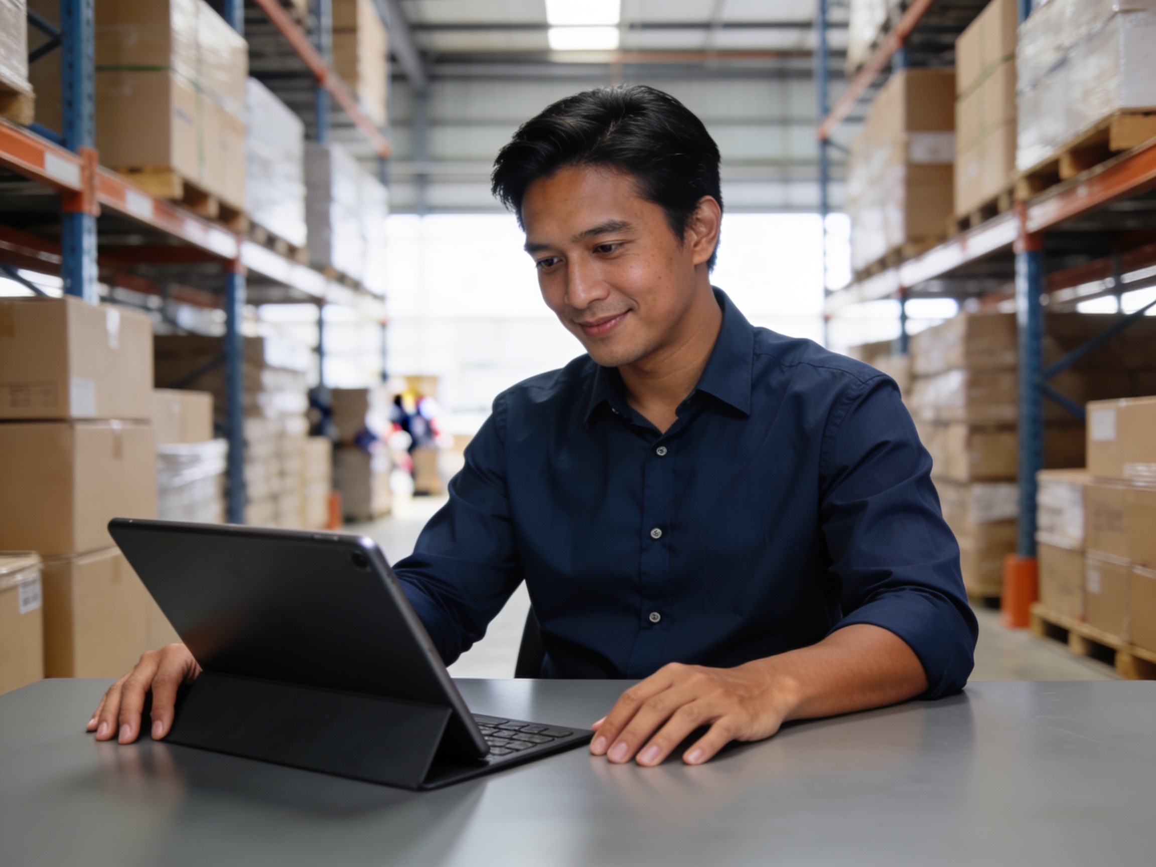 Indonesian logistics manager reviewing digital cargo data on a tablet in a modern warehouse, demonstrating modern logistics t